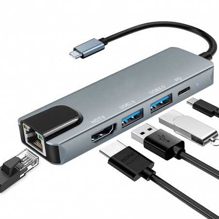 Adaptateur USB-C HDMI 4K / RJ45 Gigabit / USB 3.0 – Hub Type-C 5 en 1 Multiport