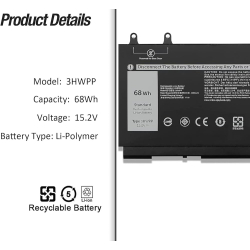 Batterie PC Dell Latitude 14 5401 5411 15 5501 5511 Precision 3541 3551 High Quality Battery Laptop Dell 3HWPP 15.2V 68Wh