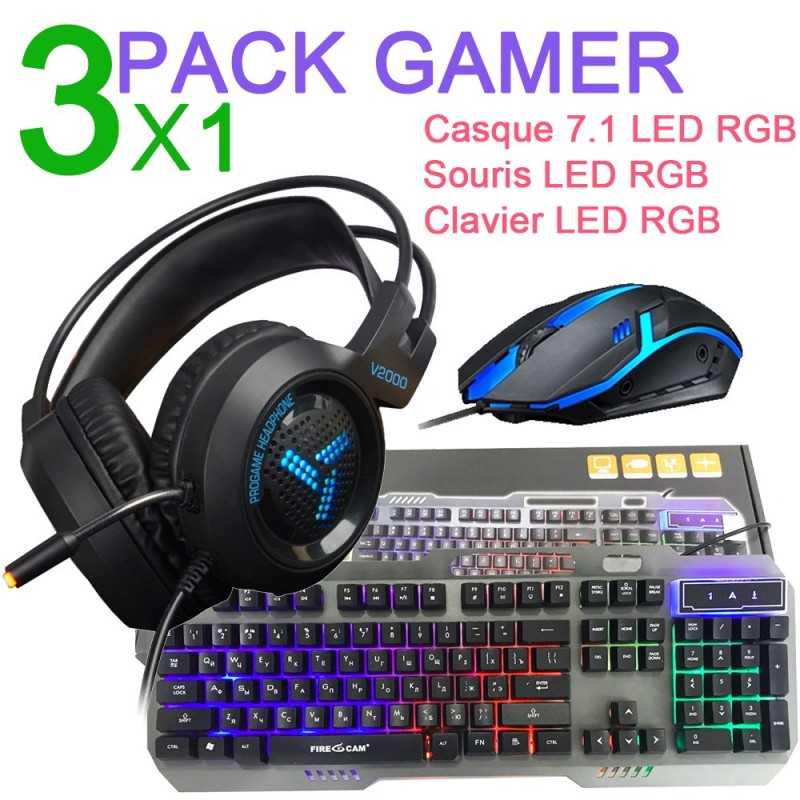 Pack Gaming 3 in 1 Clavier RGB + Casque v2000 Sound 7.1 LED RGB+ Souris RGB