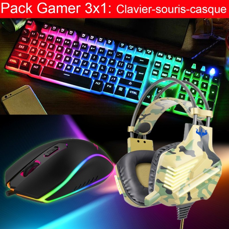 Pack Gamer3x1 mecanique Clavier RGB + Souris RGB + Casque LED RGB