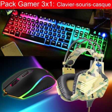 Pack Gamer3x1 mecanique Clavier RGB + Souris RGB + Casque LED RGB