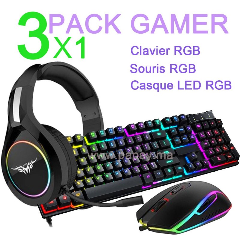 Pack Gamer.3x1 Clavier RGB + Souris RGB + Casque LED RGB