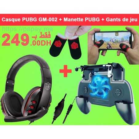Promo Gaming 3x1 : Casque PUBG GM-002 + Manette Avec Ventilateur + Gants de Jeu PUBG FreeFire manchon de doigt